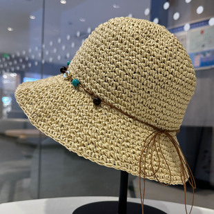 波西米亚风手工串珠草编帽子女夏季川西云南旅游遮阳显脸小渔夫帽