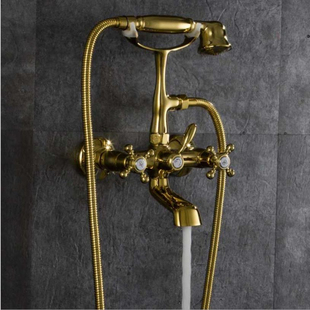 浴室挂墙式 全铜镀金简易 水龙头带电话手持花洒套装 淋浴器缸边式