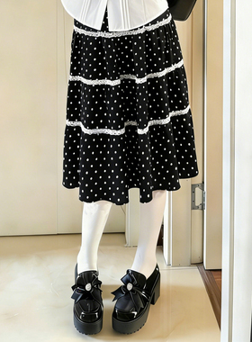 春夏日系古早蕾丝波点蛋糕半身裙学院甜美女中长款松紧腰多层裙摆