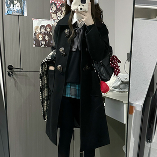 清 原创熊印牛角扣毛呢长款大衣宽松翻领黑色日系冬季外套