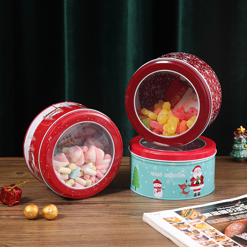 圣诞节圆形透明喜糖包装盒马口铁盒糖果盒饼干零食收纳盒空盒礼盒
