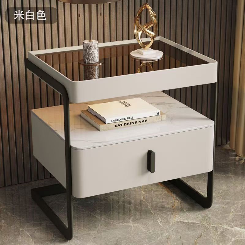 极简轻奢实木岩板玻璃床头柜