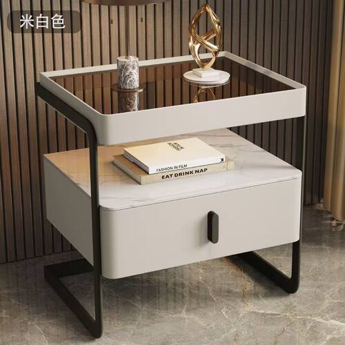 极简轻奢实木岩板玻璃床头柜