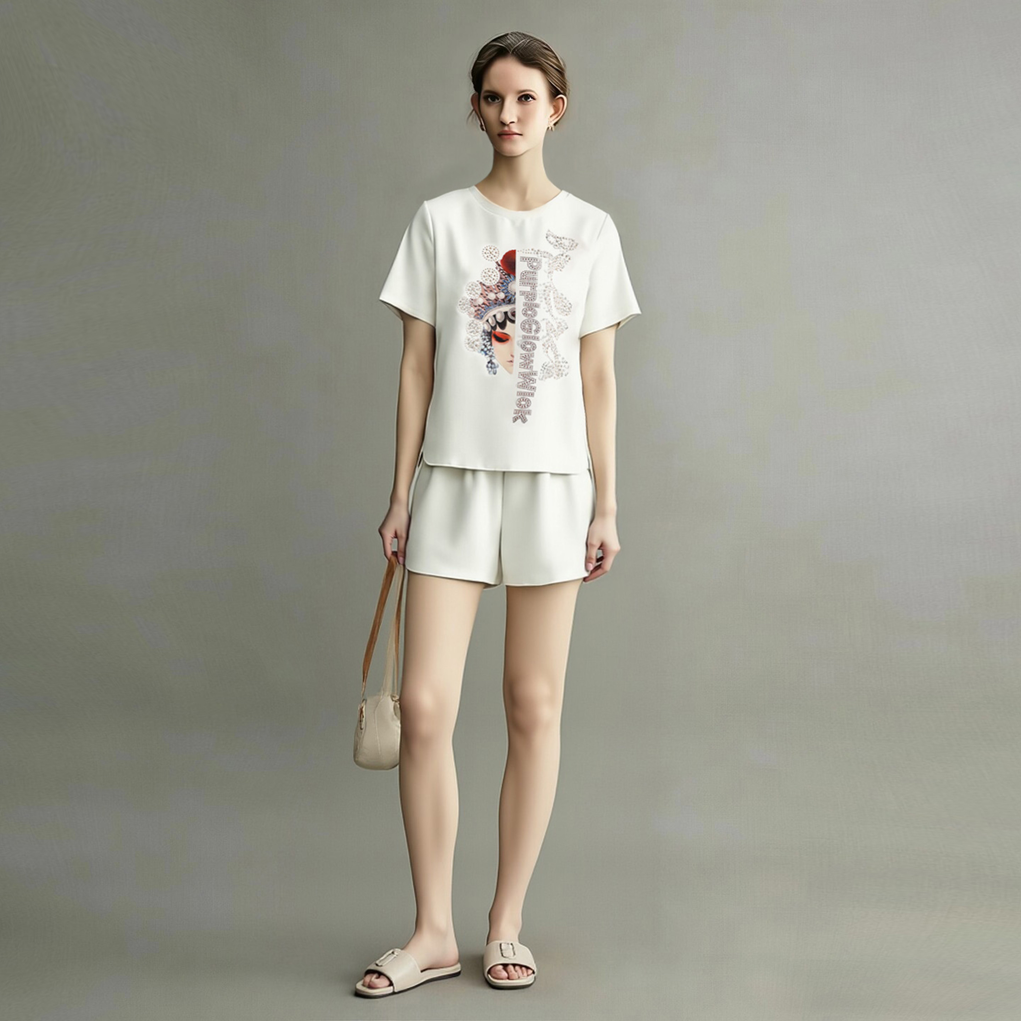 减龄运动套装女2026夏季薄款白色圆领戏曲印花短袖T恤短裤两件套