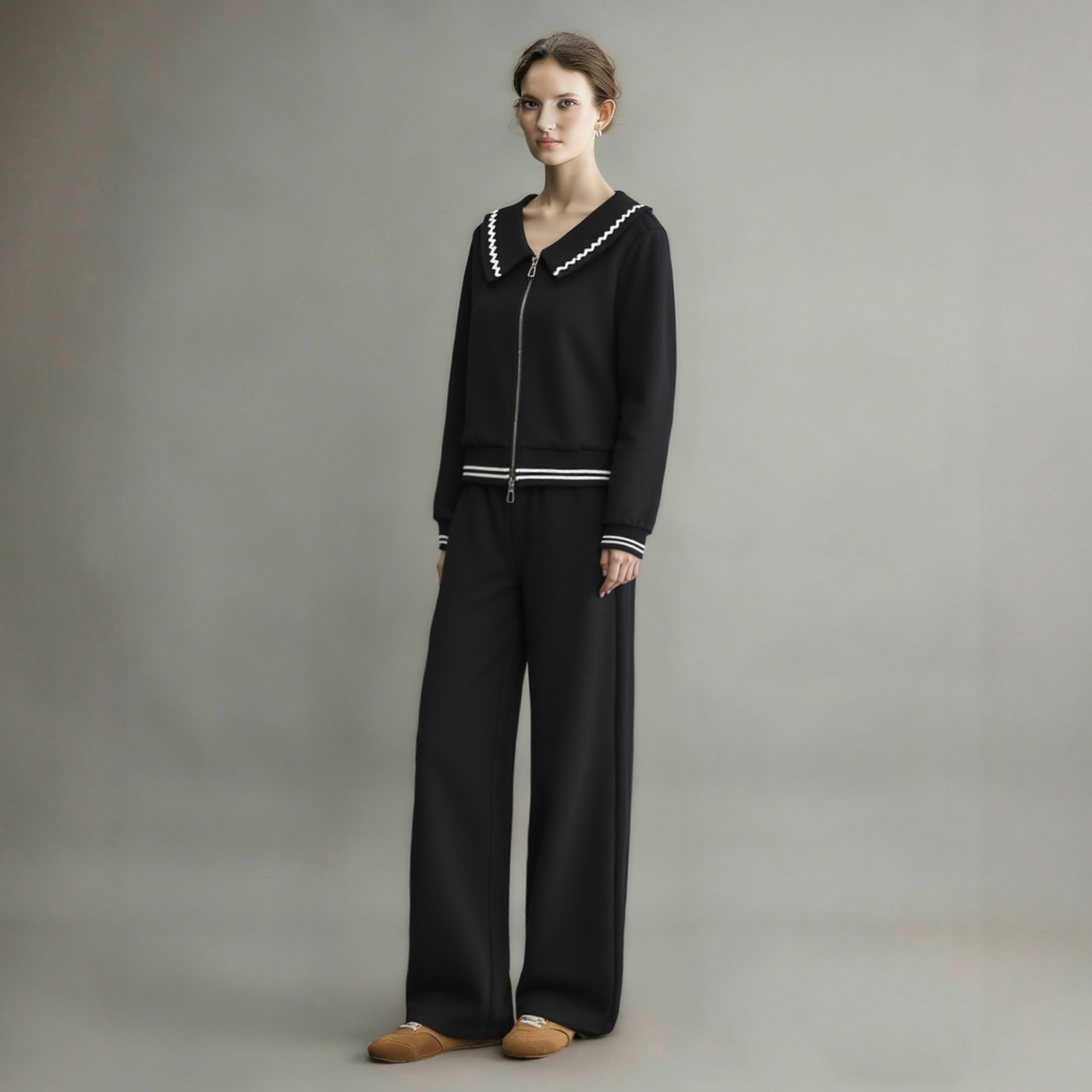 独特设计感漂亮套装女2026早春运动减龄休闲翻领卫衣阔腿裤两件套