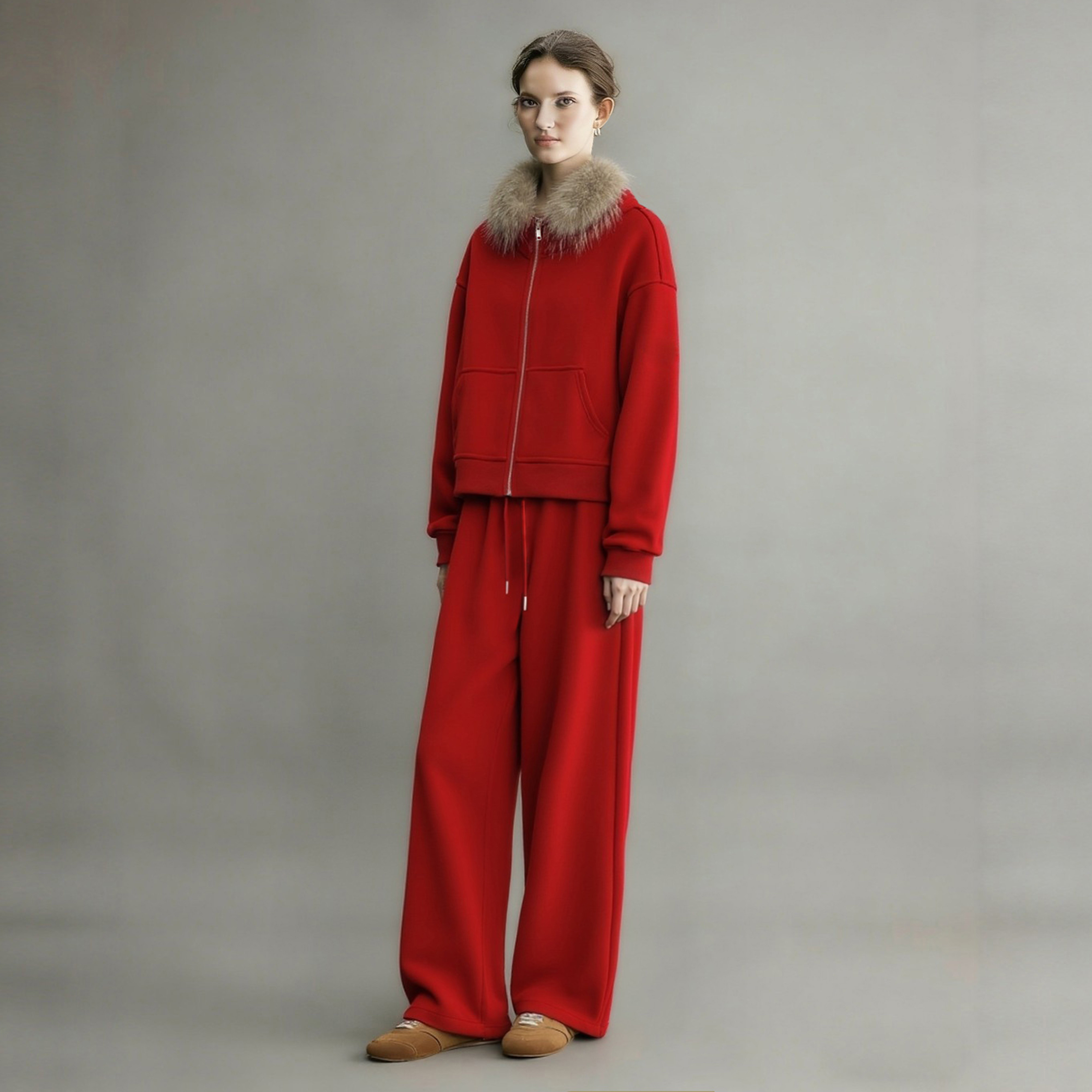 红色运动套装女2026新款冬跨年穿搭本命年休闲加绒毛领卫衣两件套