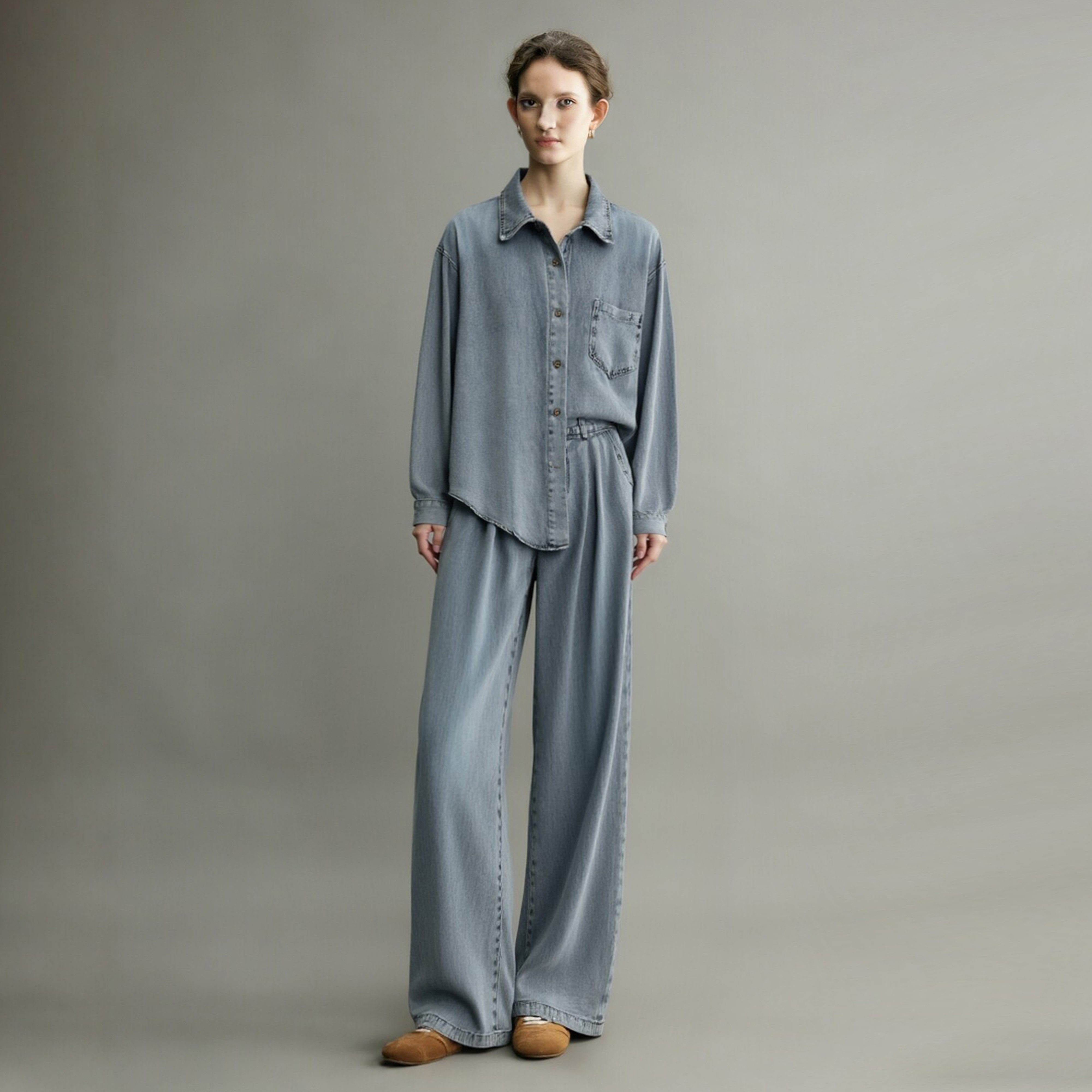 天丝牛仔套装女2026春季穿搭一整套高级衬衫阔腿裤运动休闲两件套