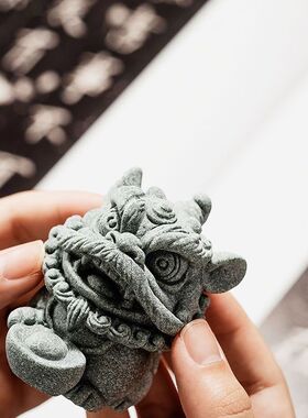 国风青砂石雕刻招财醒狮镇宅鱼缸造景家居创意庭院茶宠玄关摆件
