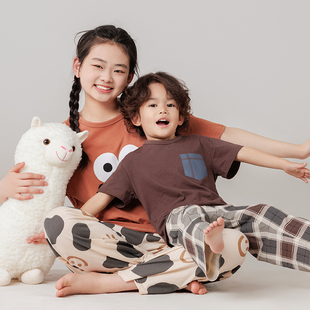 儿童睡衣夏季薄款纯棉男童女童短袖长裤套装全棉青少年男孩家居服