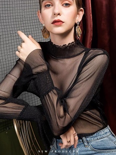 半高领网纱打底衫女透明薄纱内搭黑色衬衫喇叭袖高级感蕾丝上衣秋