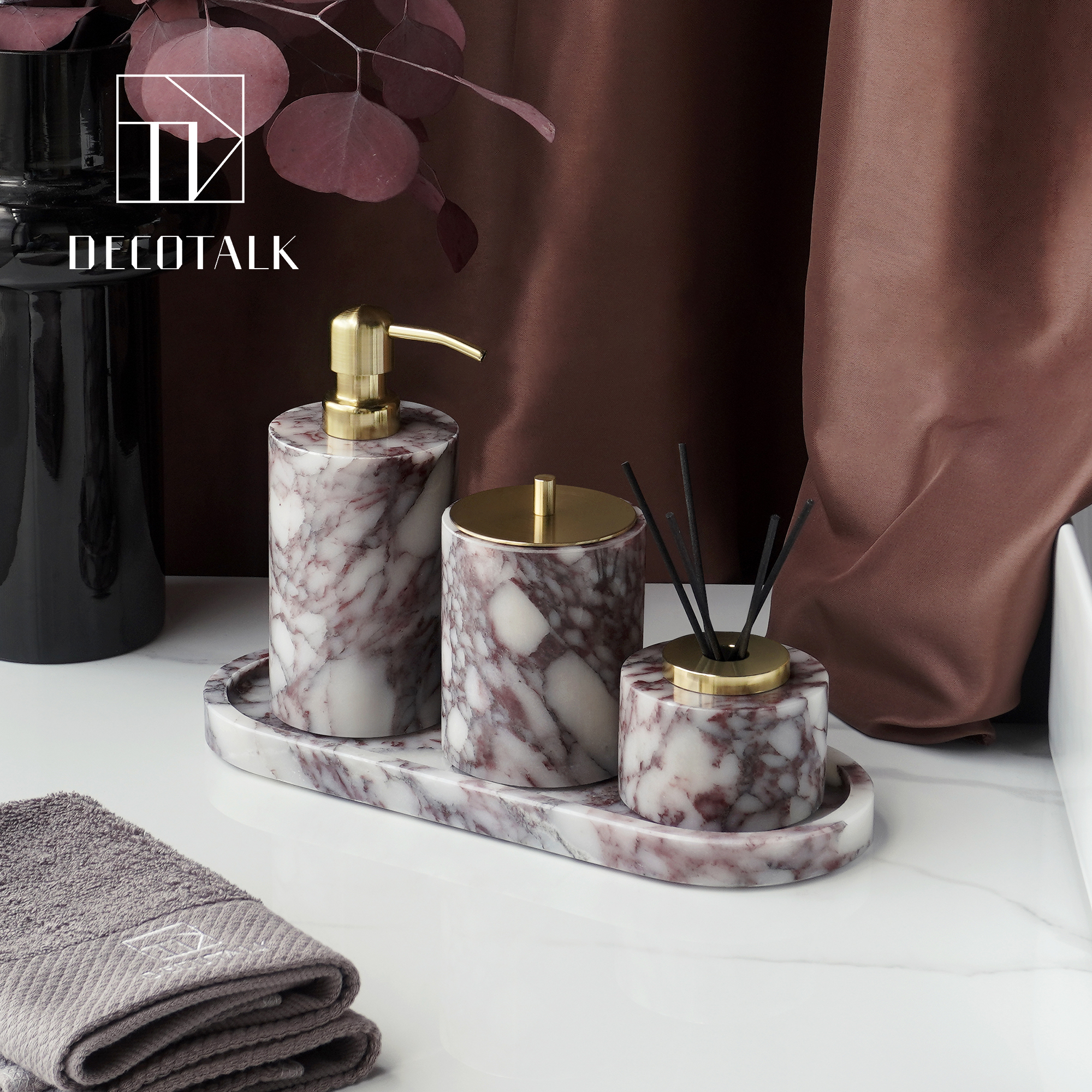 DecoTalk天然宝格丽紫大理石卫浴洗漱套件中古风奢石洗手液瓶托盘