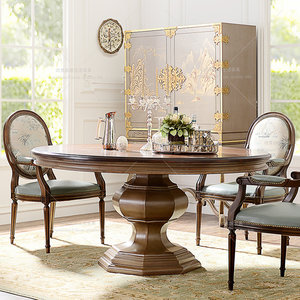 美式实木复古圆形餐桌餐椅组合圆背餐椅欧式法式新古典餐桌