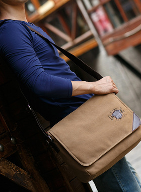 思牧休闲男包单肩包男简约青年日韩新款男士斜挎包背包帆布包横款