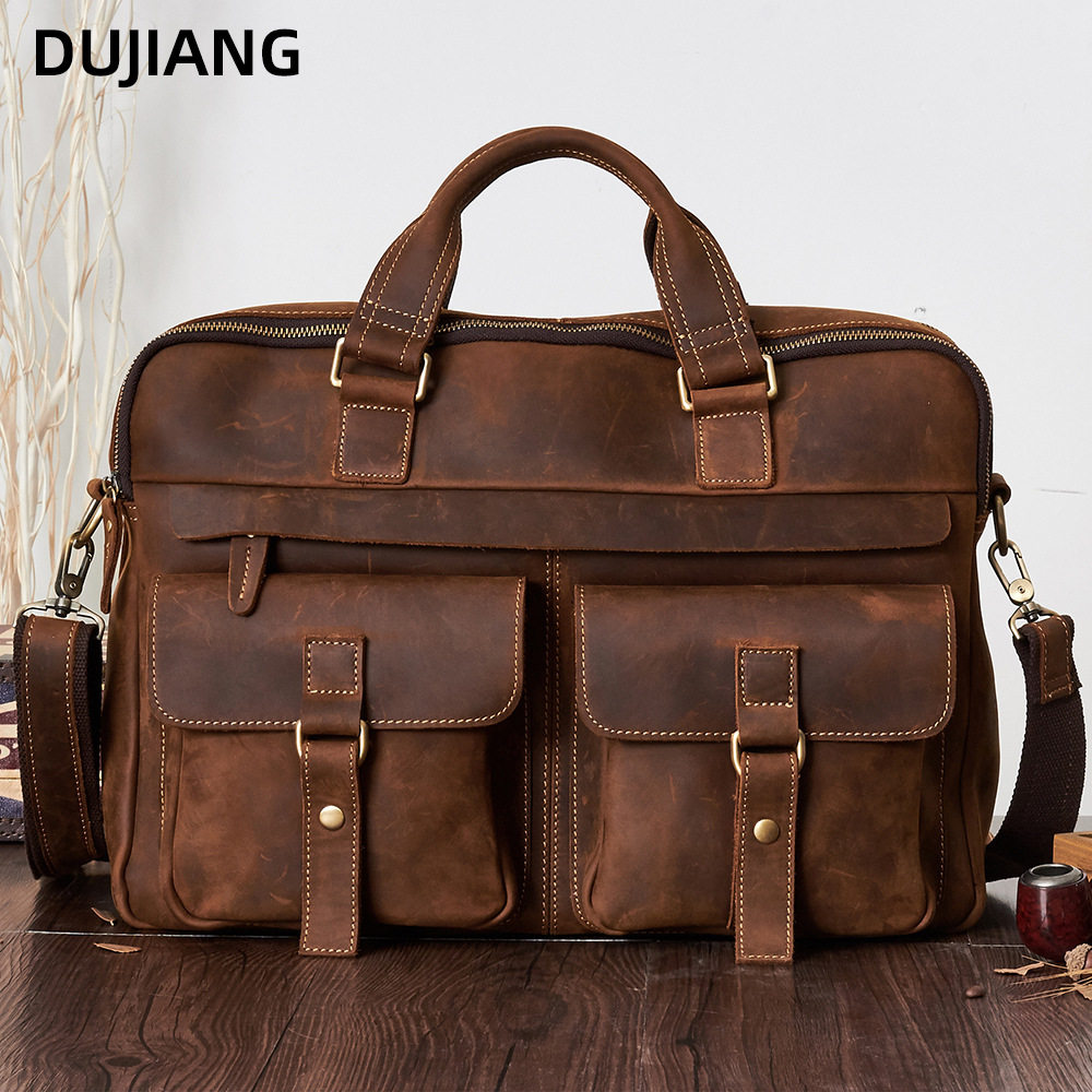 新品复古牛皮男士手提包疯马皮通勤电脑包真皮高级商务公文包男包
