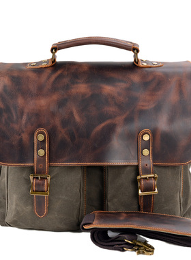 防水帆布拼接真皮公文包手提包男包复古单肩斜挎16寸商务电脑包