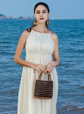 OLEI撞色串珠包手工编织包包女海边度假木珠包大容量手提包女