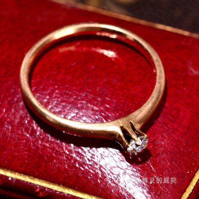SOLD 西洋古董Vintage首饰14K黄金公主爪镶天然钻石经典求婚戒指