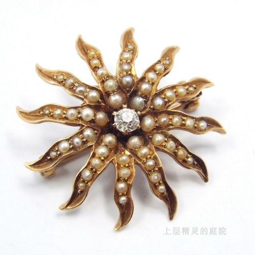 SOLD 西洋古董珠宝 维多利亚时代14K金天然珍珠复古钻石古董胸针