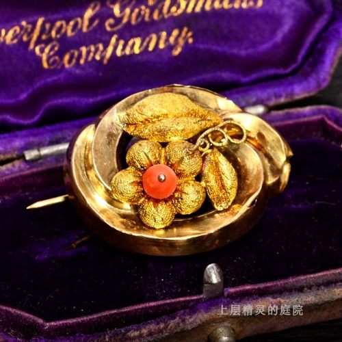 SOLD 上层精灵的庭院 维多利亚时代胸针Coral古董K金胸针西洋珠宝