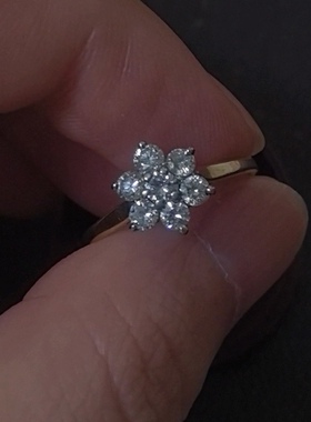Vintage英国天然钻石花簇18K纯金戒指钻石仙灵花簇中古戒指