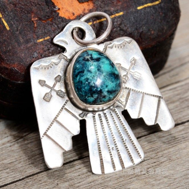 1960s美国印第安navajo天然绿松石原矿雷鸟图腾纯银古董老银吊坠