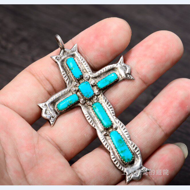 上层精灵的庭院 zuni天然绿松石纯银十字架复古董吊坠老手工 孤品