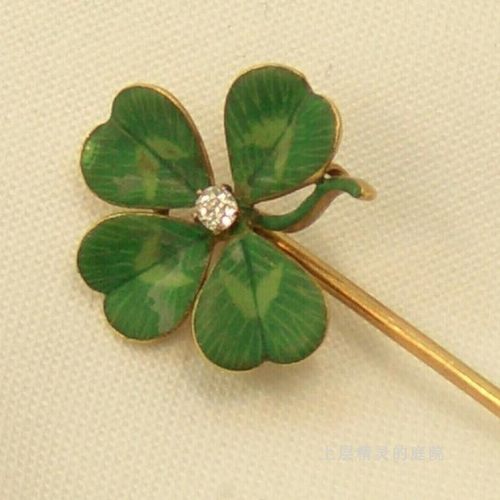 SOLD 西洋古董首饰收藏 Art Deco珐琅14K金钻石四叶草棒别针胸针