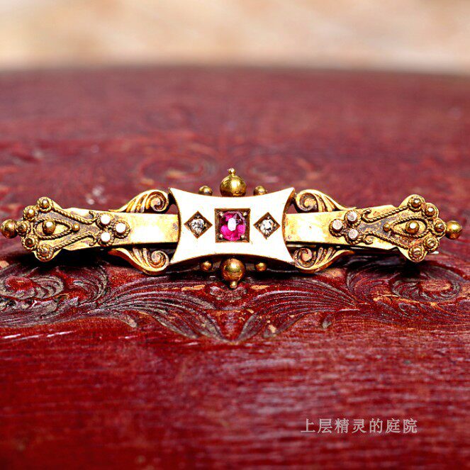SOLD庭院英国古董珠宝 爱德华C.1900年15K金花丝球钻石胸针全金标