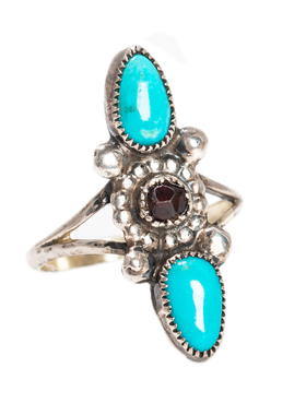 上层精灵的庭院∮印第安Navajo老银手工古董蓝绿松石戒指 孤品