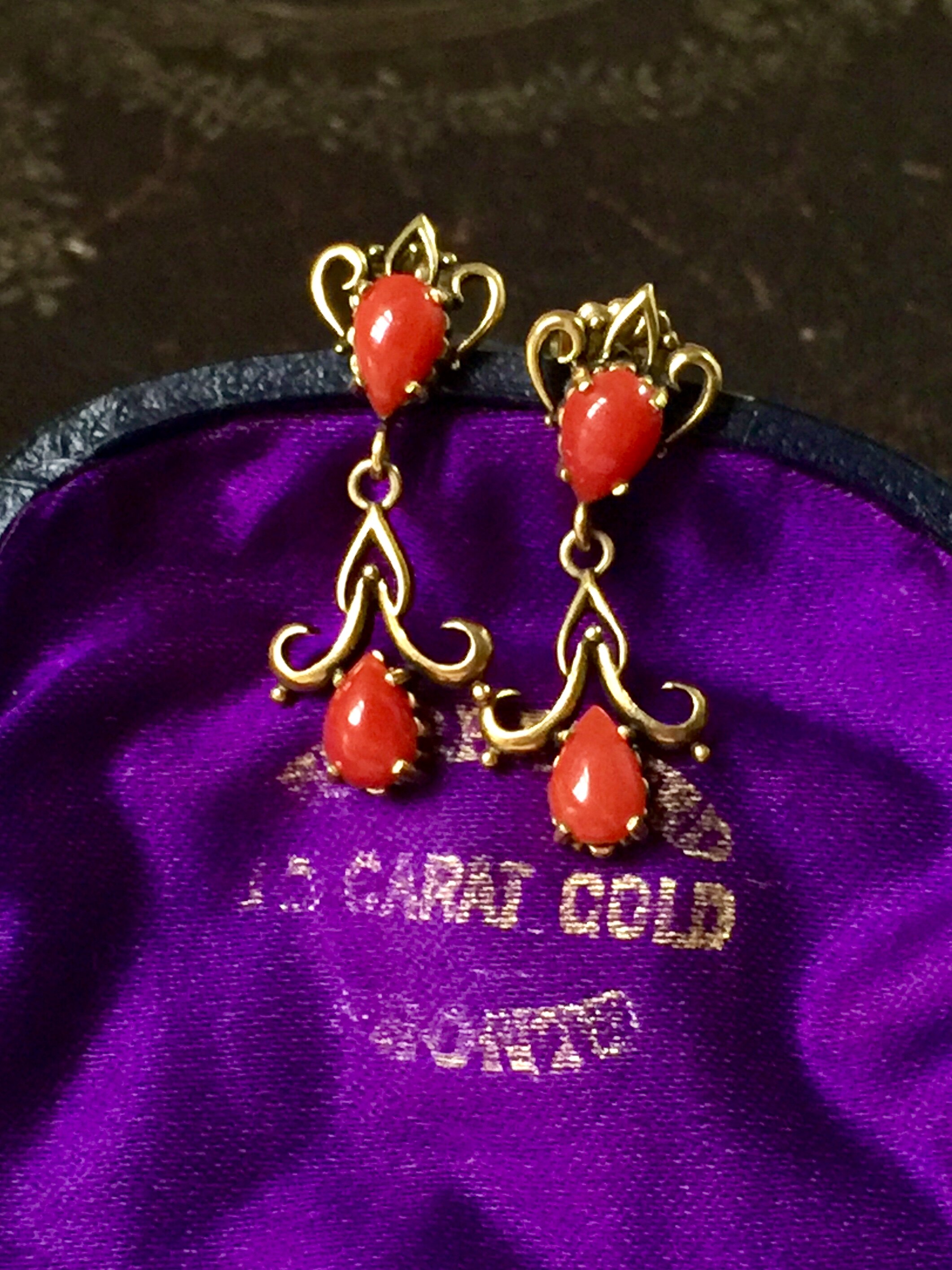 SOLD 西洋古董14K纯金耳饰coral红色宫廷风耳环复古vintage女耳坠