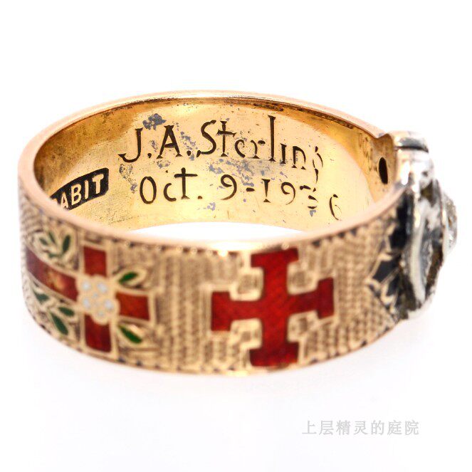 SOLD 上层精灵的庭院 神秘组织共济会铭文钻石珐琅徽标古董指环