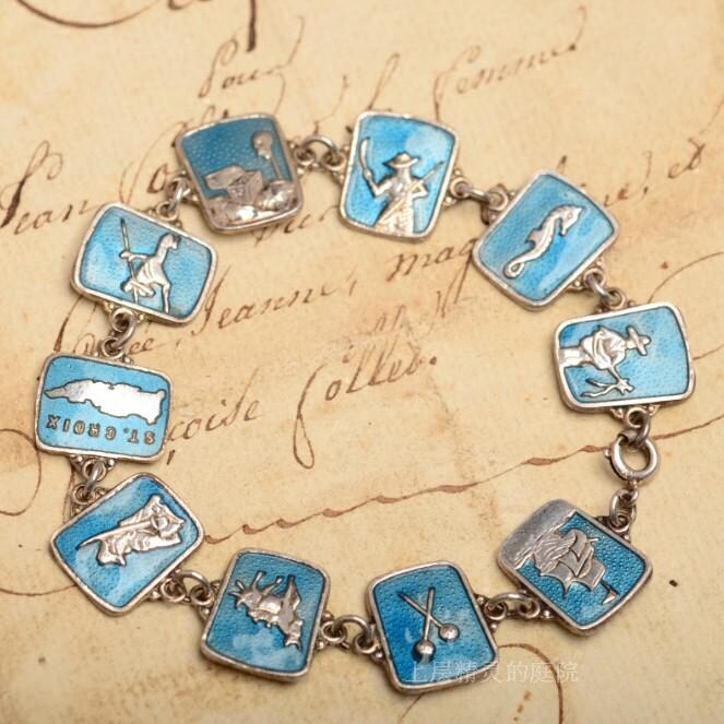 SOLD庭院西洋古董首饰 大航海∮丹麦800银蓝珐琅 海盗帆船手链