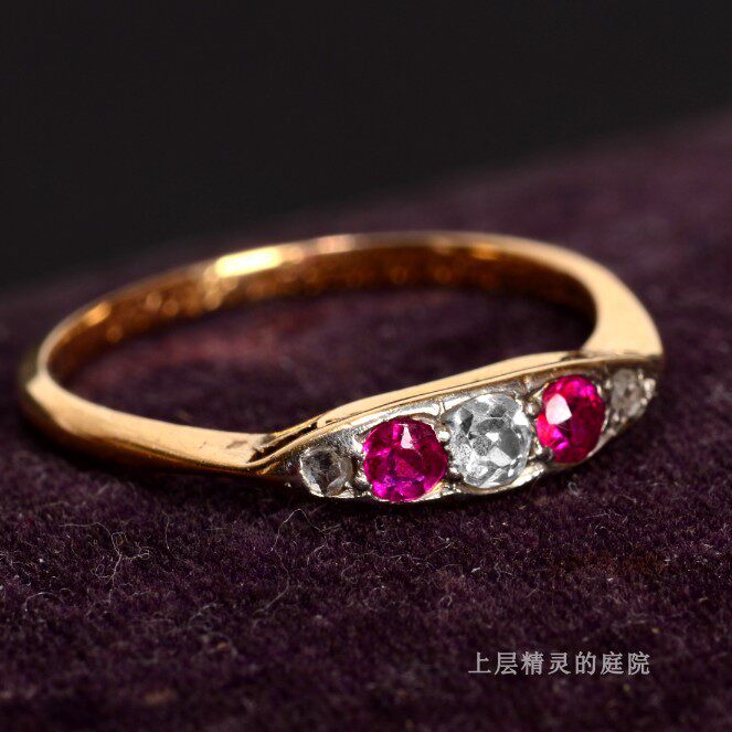 上层精灵的庭院 Art Deco古董铭文18K金天然红宝石钻石排镶戒指