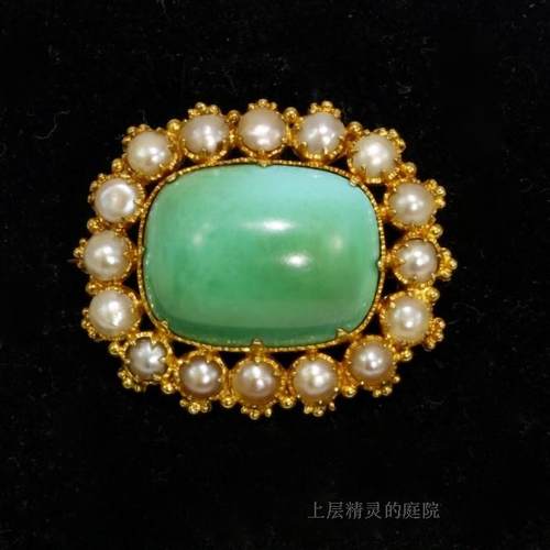 SOLD 西洋古董首饰 Art Deco装饰艺术时代14K绿松石海珍珠胸针