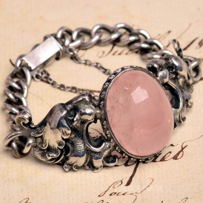 SOLD 庭院西洋古董首饰 神话双狮∮Victorian天然粉晶银手镯手链