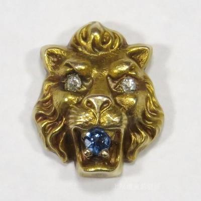 SOLD西洋古董首饰 Nouveau天然钻石蓝宝石新艺术狮头胸针帽针