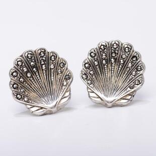 海洋贝壳 扇贝耳夹 925纯银闪耀黑铁矿 SOLD庭院西洋古董VTG首饰