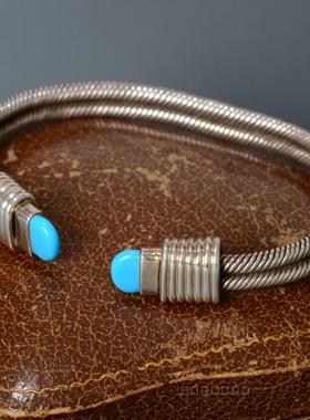 庭院西洋古董首饰 MEXICO手工925纯银天然蓝色睡美人复古双轨手镯