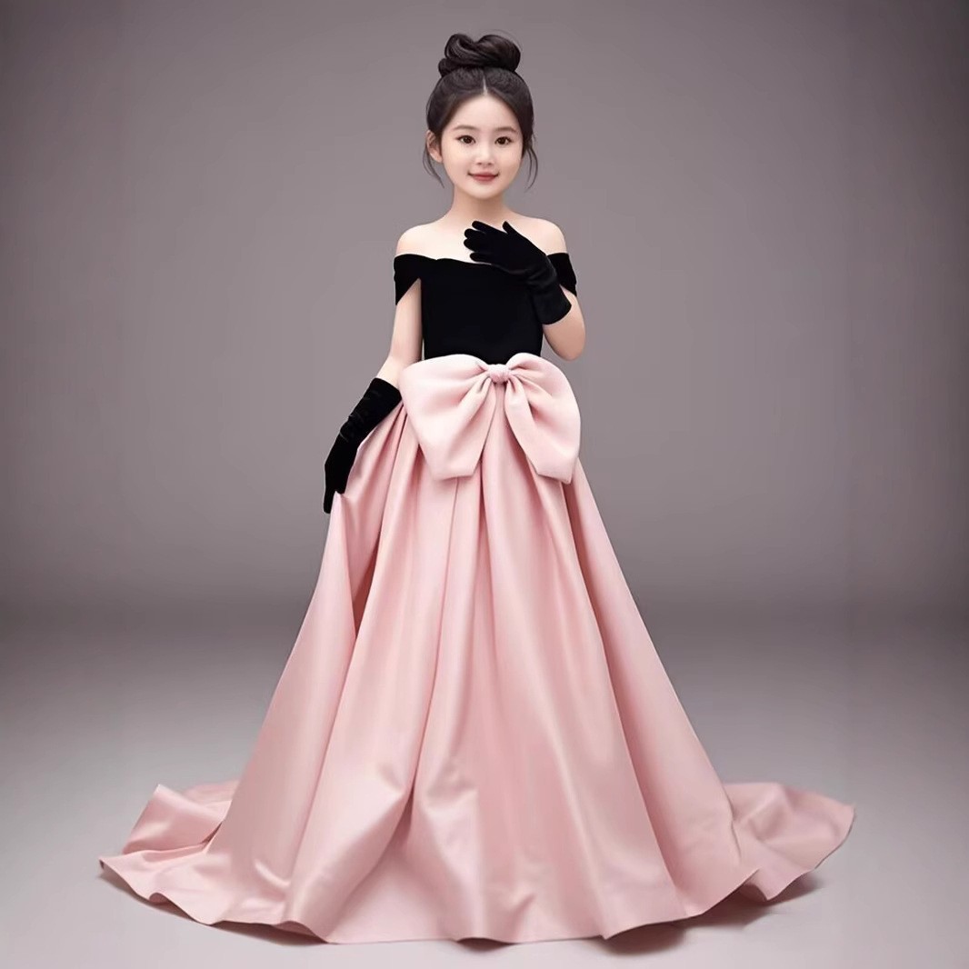 粉女童生日晚礼服粉色花童模特走秀钢琴小提琴朗诵表演服修身显白