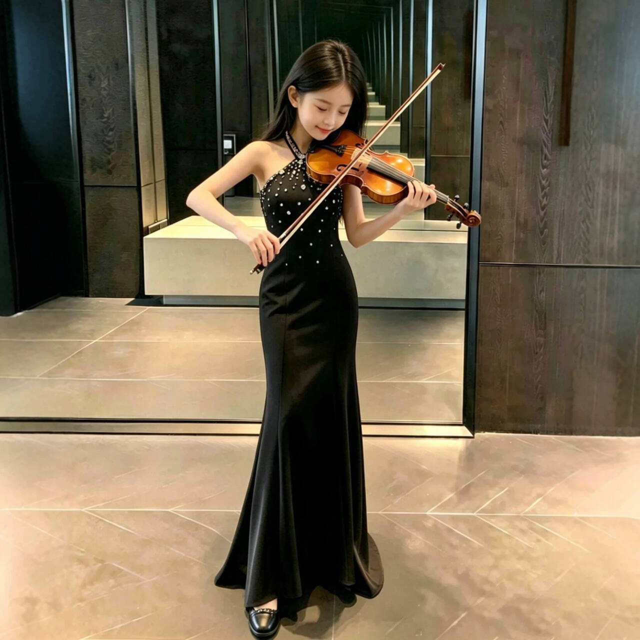 女童生日晚礼服洋气模特走秀钢琴小提琴黑色朗诵表演服演出服显瘦图片
