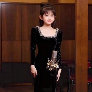 女童晚礼服模特走秀钢琴小提琴生日法式黑色丝绒表演服赫本表演服