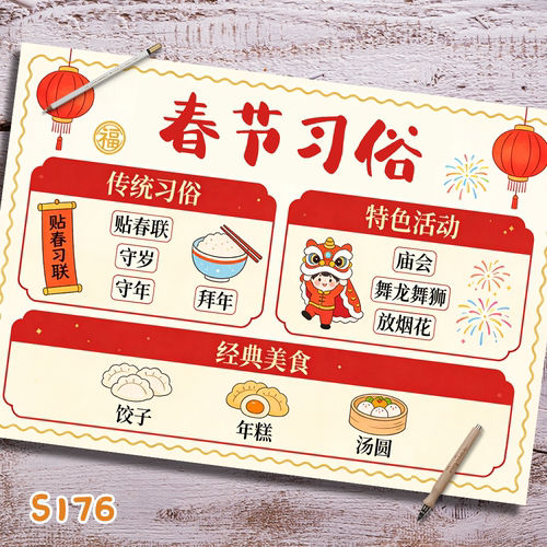 S176春节习俗主题画新年手抄报线稿模版素材一款