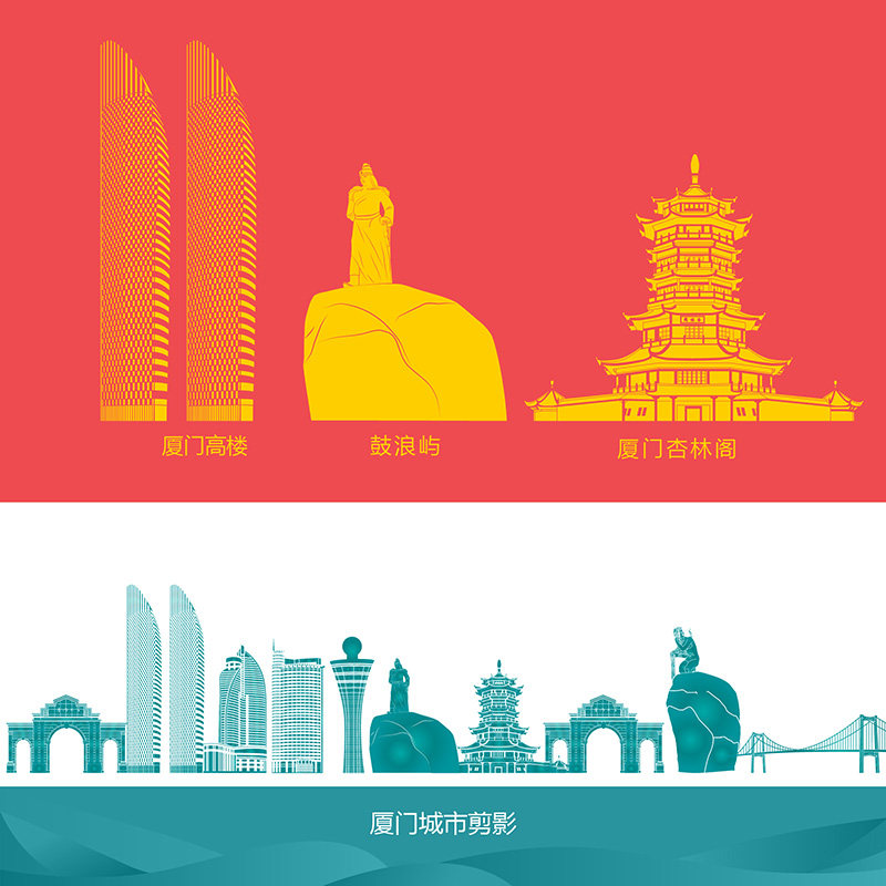 b8手绘线条建筑厦门城市鼓浪屿双子塔杏林阁剪影线稿ai高清矢量图