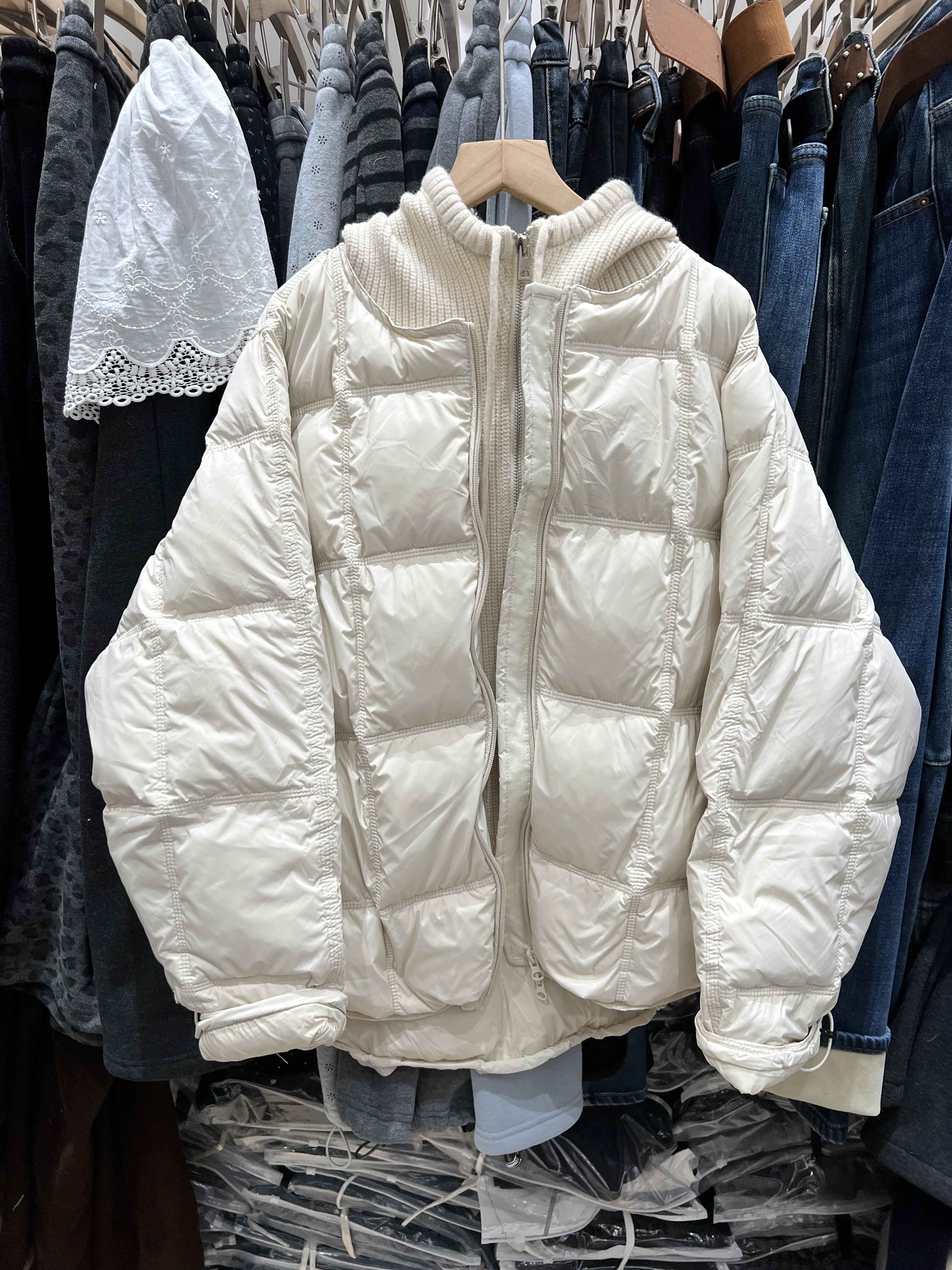 2025冬装韩版针织帽拼接羽绒服女宽松面包服小个子保暖假两件外套