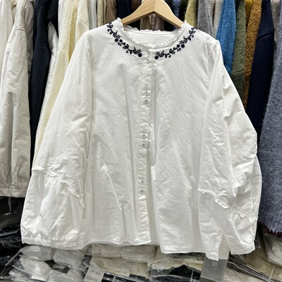 朴漾PUYANG秋冬韩系百搭长袖娃娃衫加棉加厚衬衫女花边领刺绣衬衣