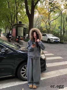 套装 连帽毛领加绒卫衣外套女百搭显瘦休闲裤 时尚 韩国egg25218冬装