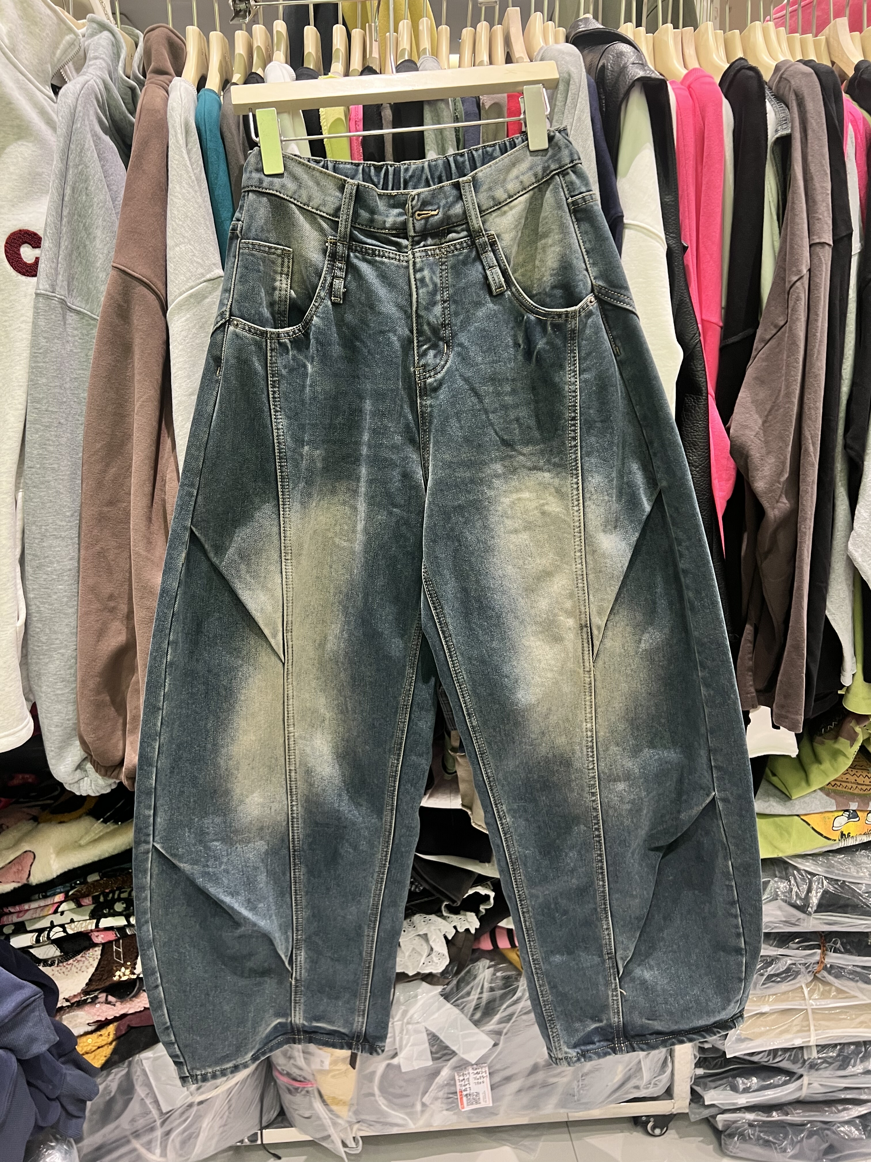 轩语XUANYU71078秋冬美式废土风复古宽松大码牛仔裤女男友弯刀裤