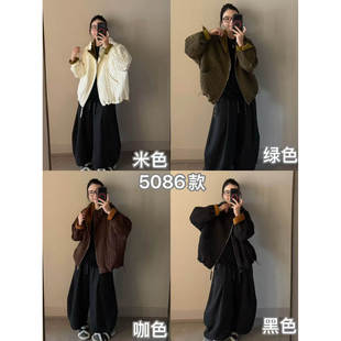 HZG2026冬装欧洲站连帽压格棉衣外套女休闲宽松小个子棒球服上衣