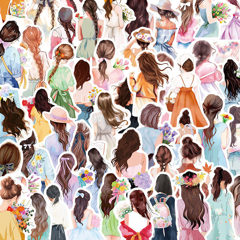 50张水彩画少女背影贴纸diy创意装饰手账本平板手机壳贴画防水