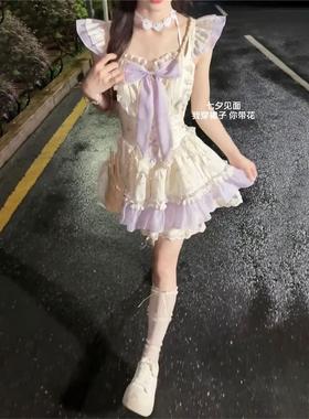 秋上新 气质淑女风紫色洛丽塔doll感连衣裙夏日收腰显瘦蓬蓬短裙